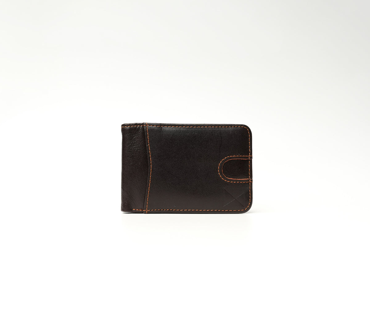 Freeman Coffee Brown full-grain leather wallet with amber stitching, 5 card slots, 1 cash compartment, and 1 transparent ID window (7.5 × 11 cm)