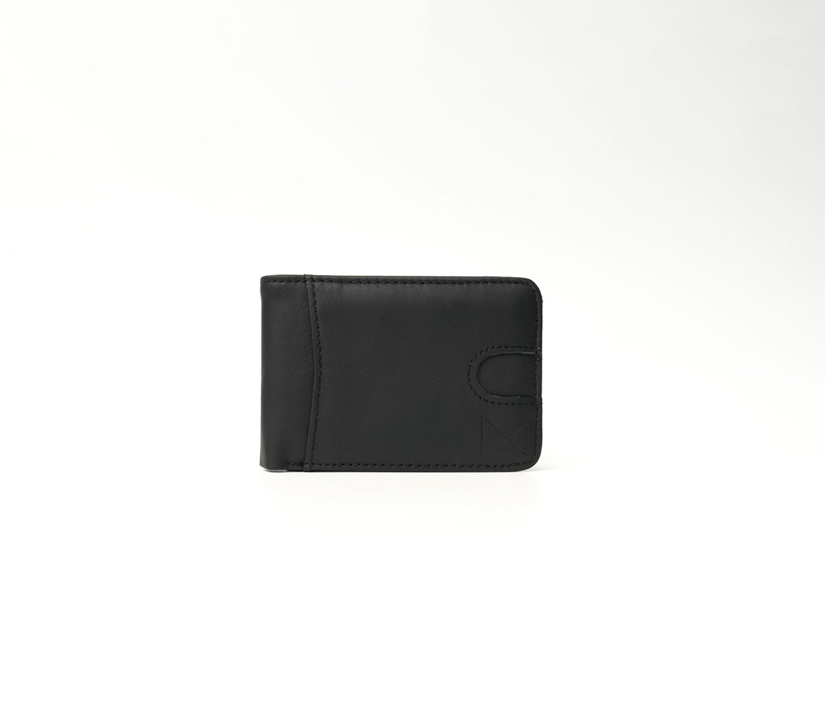 Freeman Just Black full-grain leather wallet with black stitching, 5 card slots, 1 cash compartment, and 1 transparent ID window (7.5 × 11 cm)