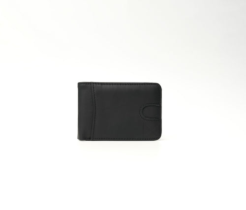 Freeman Just Black full-grain leather wallet with black stitching, 5 card slots, 1 cash compartment, and 1 transparent ID window (7.5 × 11 cm)